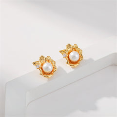 Pearl & Cubic Zirconia 18K Gold-Plated Flower Stud Earrings