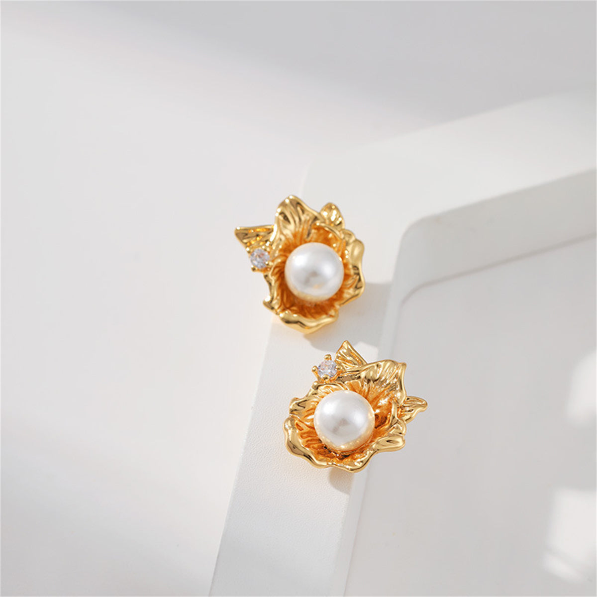 Pearl & Cubic Zirconia 18K Gold-Plated Flower Stud Earrings