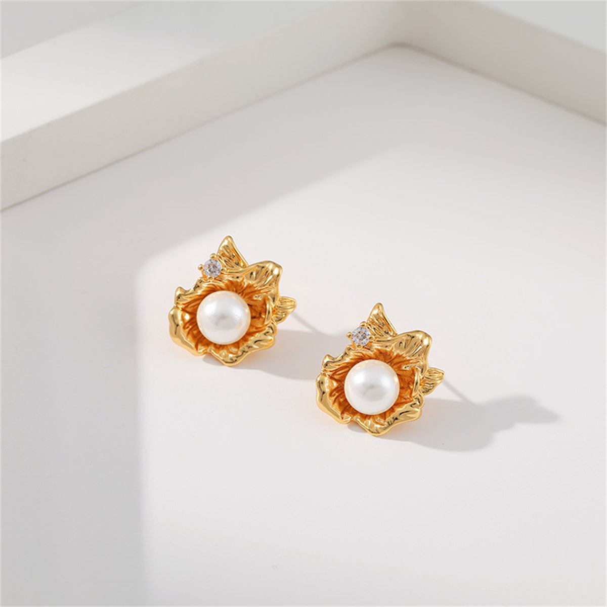 Pearl & Cubic Zirconia 18K Gold-Plated Flower Stud Earrings