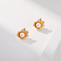 Pearl & Cubic Zirconia 18K Gold-Plated Flower Stud Earrings