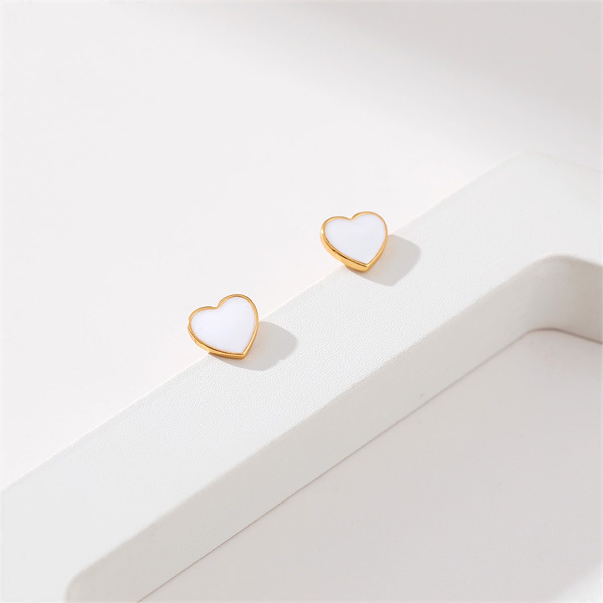 White Enamel & 18K Gold-Plated Heart Stud Earrings