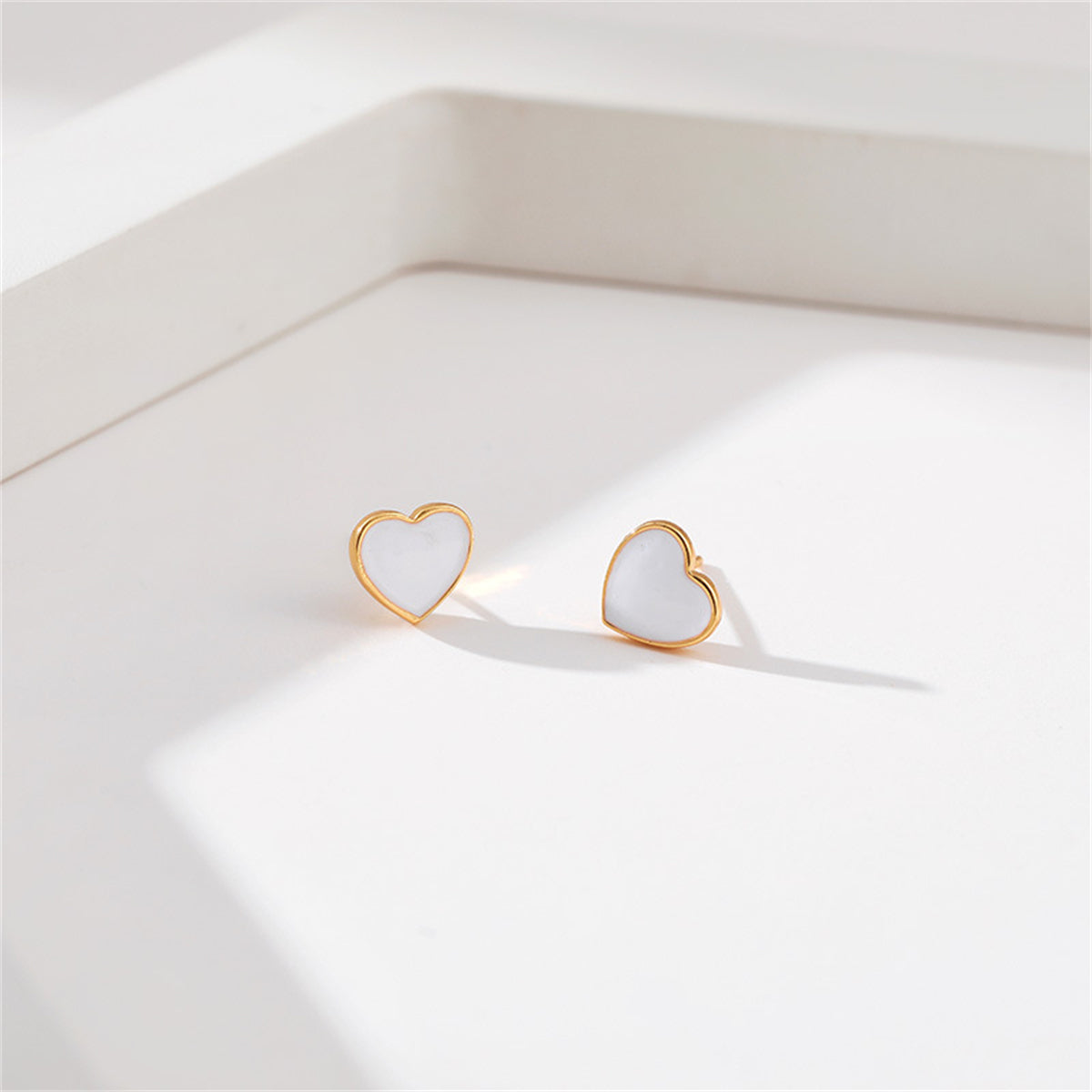 White Enamel & 18K Gold-Plated Heart Stud Earrings