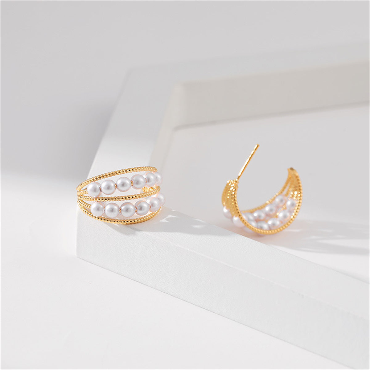 Pearl & 18K Gold-Plated Layered Huggie Earrings