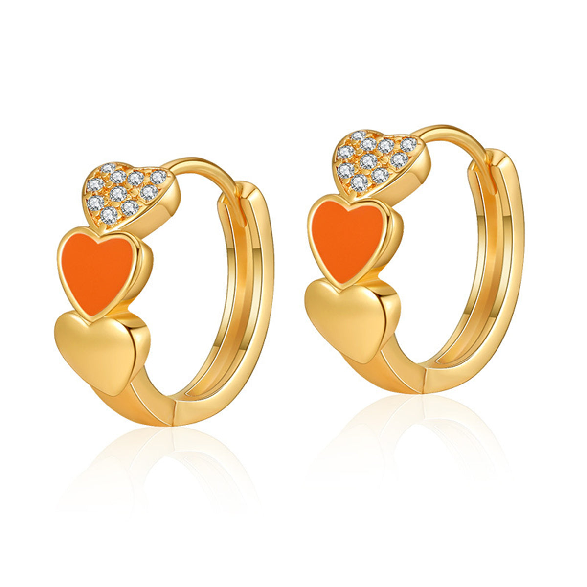 Orange Enamel & Cubic Zirconia 18K Gold-Plated Heart Huggie Earrings