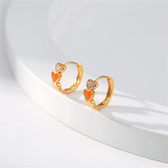 Orange Enamel & Cubic Zirconia 18K Gold-Plated Heart Huggie Earrings