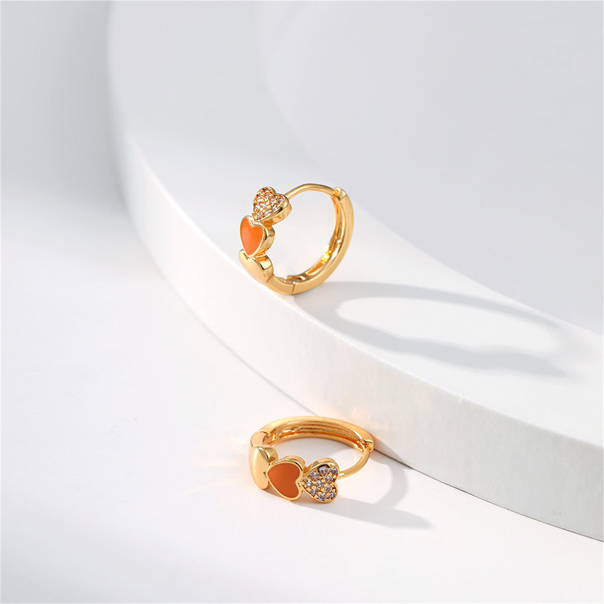 Orange Enamel & Cubic Zirconia 18K Gold-Plated Heart Huggie Earrings