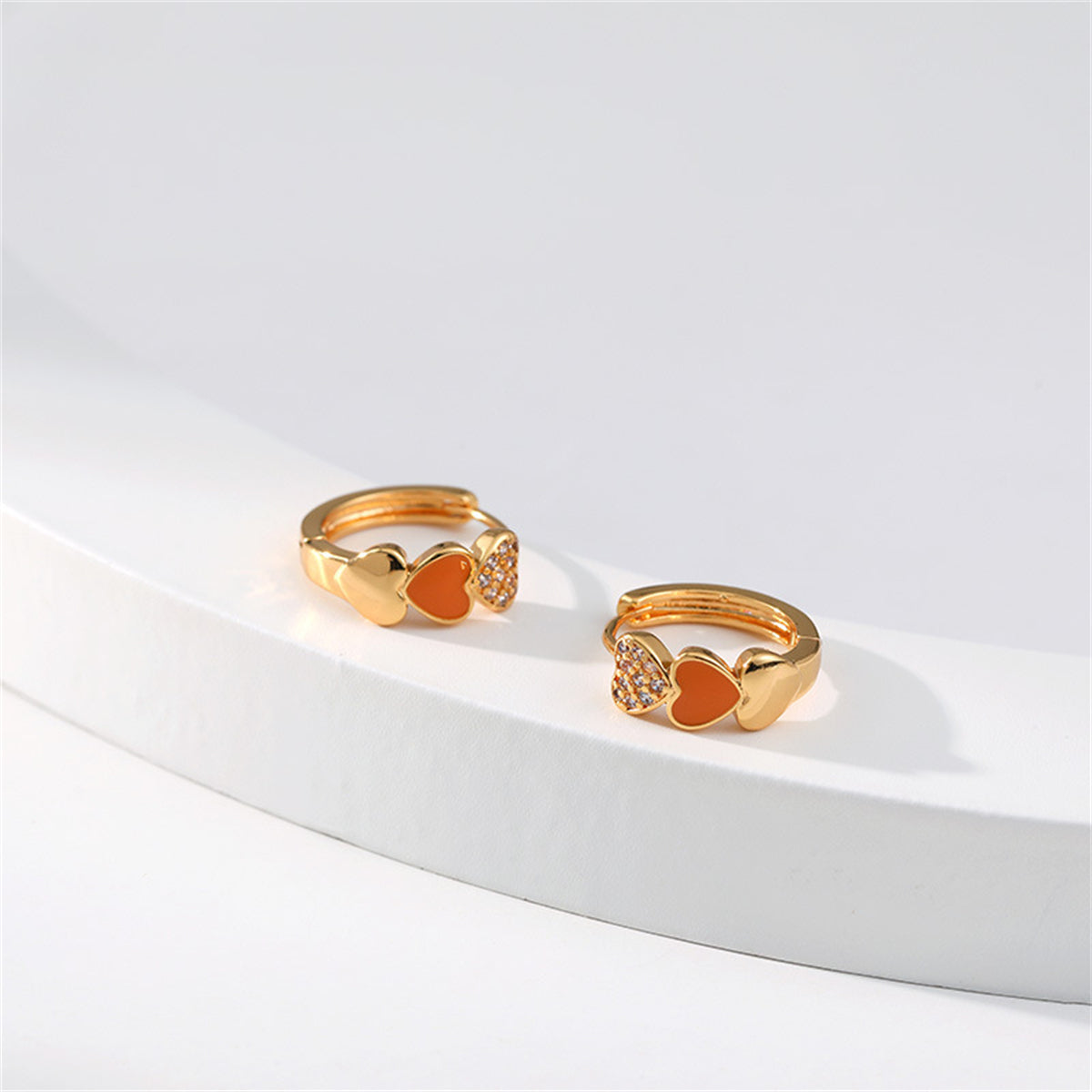 Orange Enamel & Cubic Zirconia 18K Gold-Plated Heart Huggie Earrings