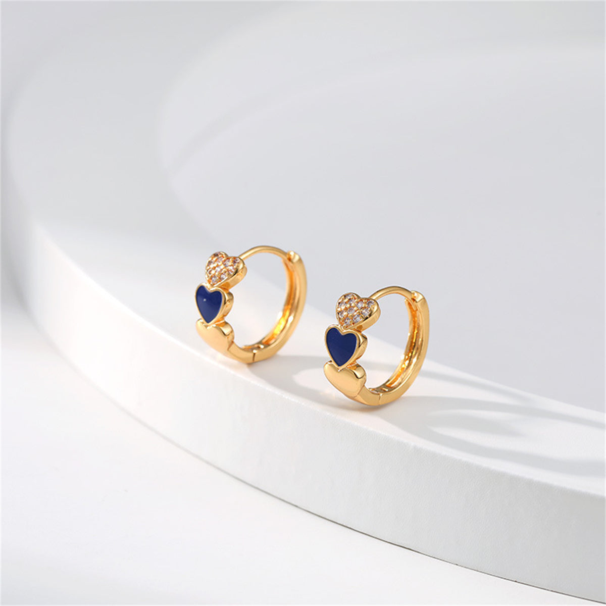 Navy Enamel & Cubic Zirconia 18K Gold-Plated Heart Huggie Earring