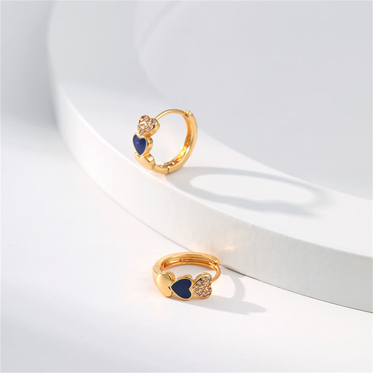 Navy Enamel & Cubic Zirconia 18K Gold-Plated Heart Huggie Earring