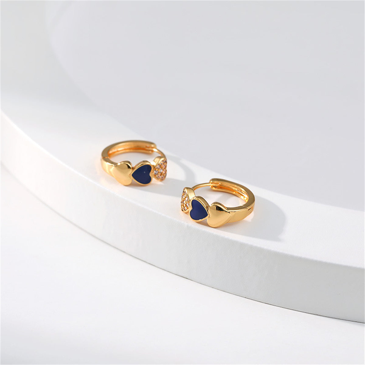 Navy Enamel & Cubic Zirconia 18K Gold-Plated Heart Huggie Earring