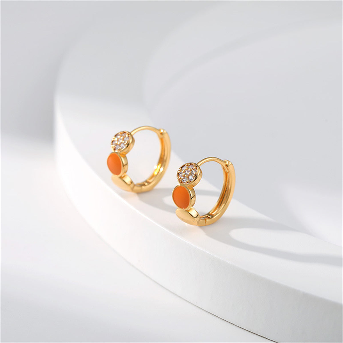 Cubic Zirconia & Orange Enamel 18K Gold-Plated Round Huggie Earrings