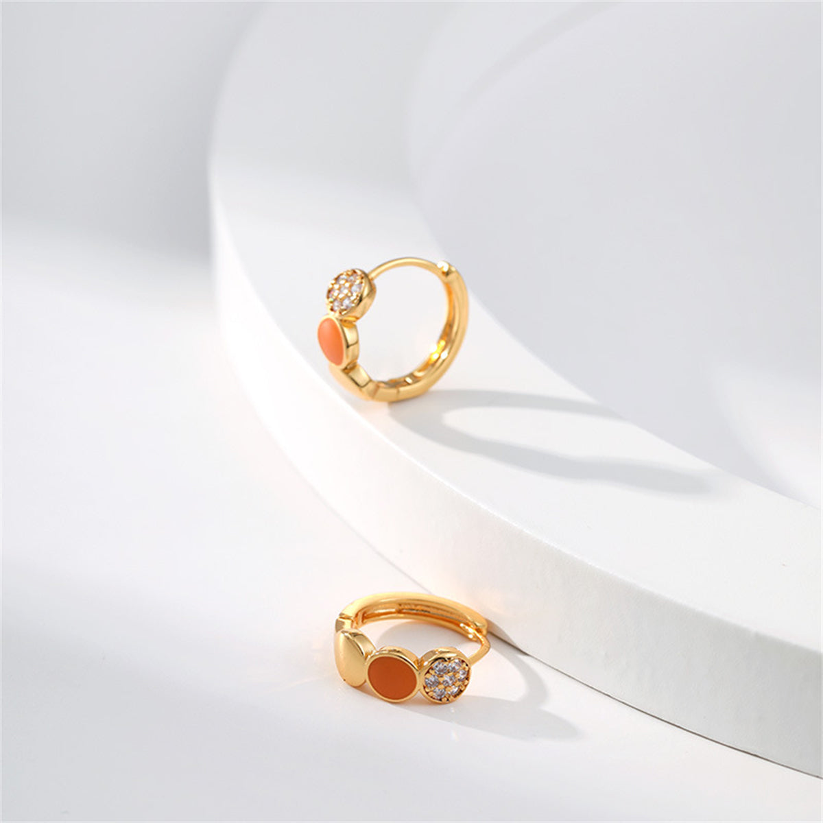 Cubic Zirconia & Orange Enamel 18K Gold-Plated Round Huggie Earrings