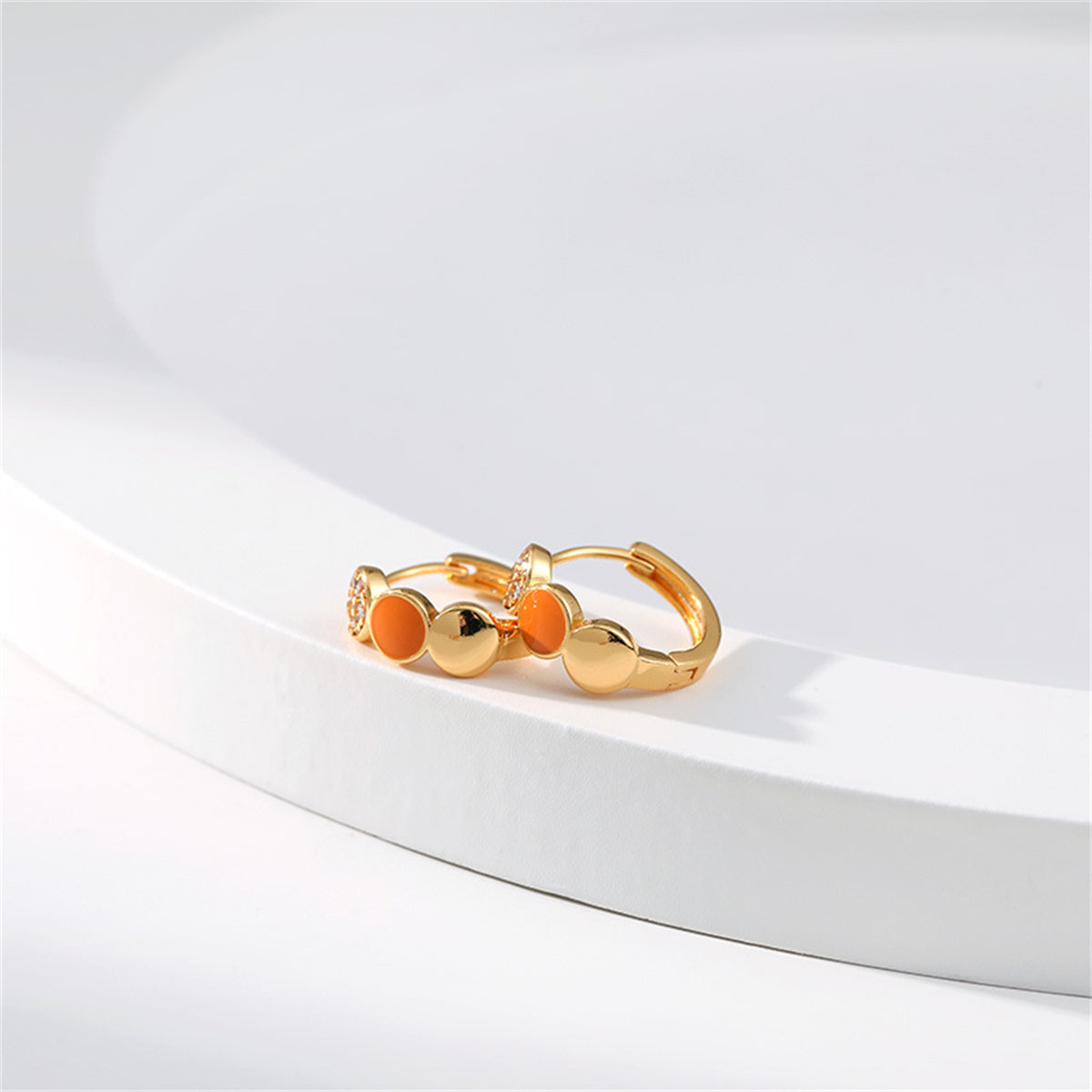 Cubic Zirconia & Orange Enamel 18K Gold-Plated Round Huggie Earrings