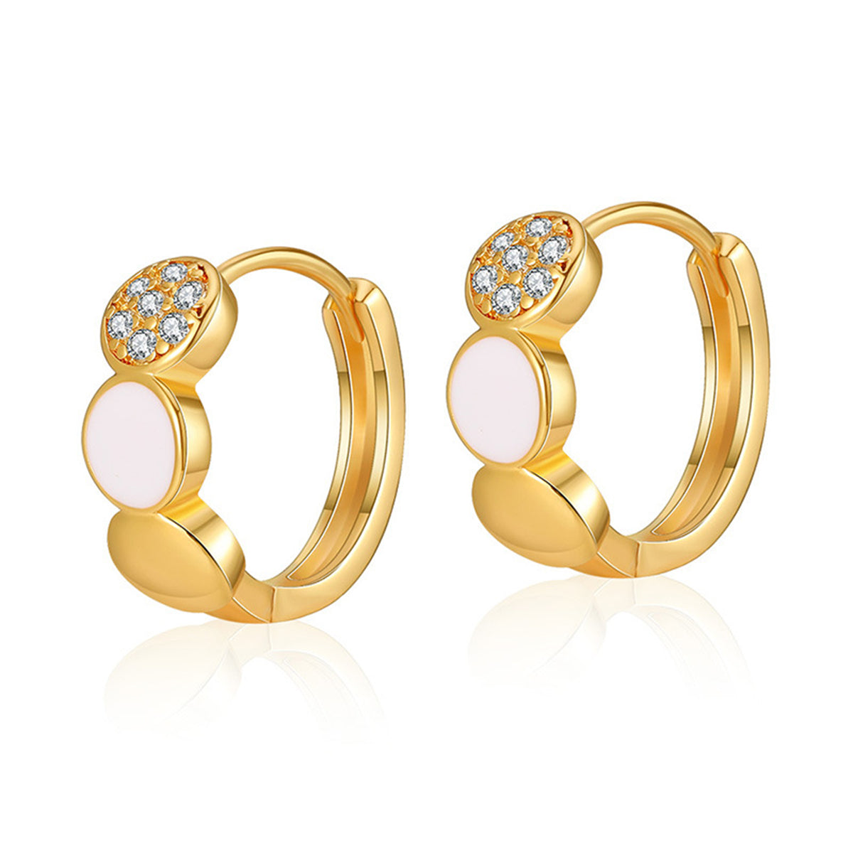 Cubic Zirconia & White Enamel 18K Gold-Plated Round Huggie Earrings