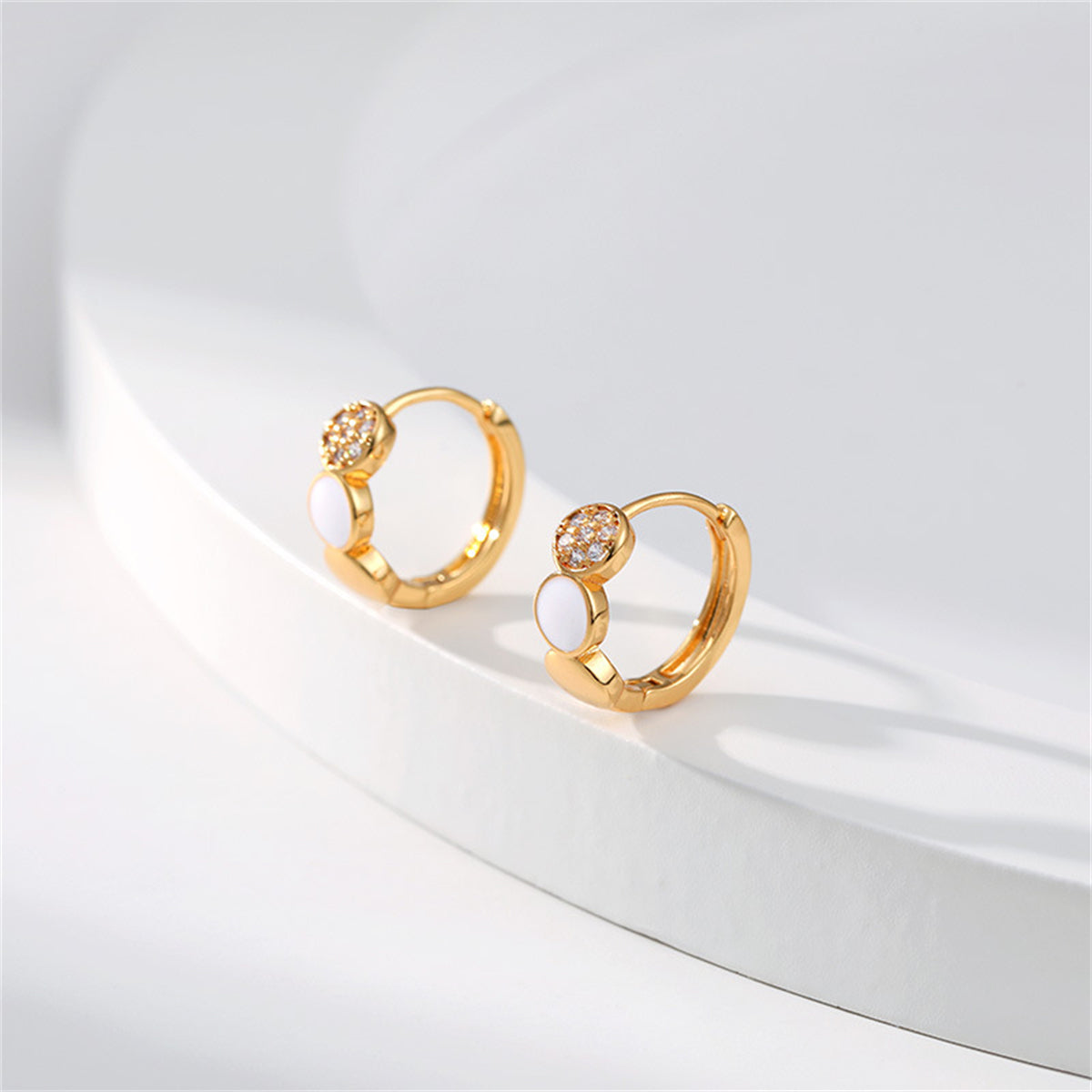 Cubic Zirconia & White Enamel 18K Gold-Plated Round Huggie Earrings