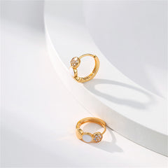 Cubic Zirconia & White Enamel 18K Gold-Plated Round Huggie Earrings