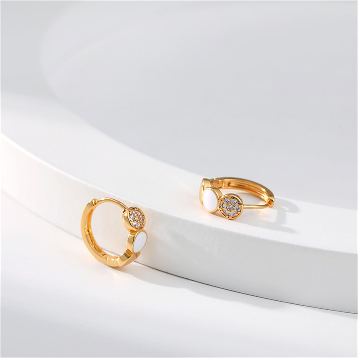 Cubic Zirconia & White Enamel 18K Gold-Plated Round Huggie Earrings