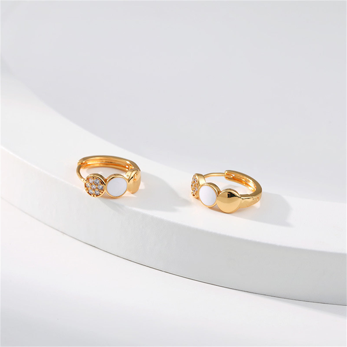 Cubic Zirconia & White Enamel 18K Gold-Plated Round Huggie Earrings