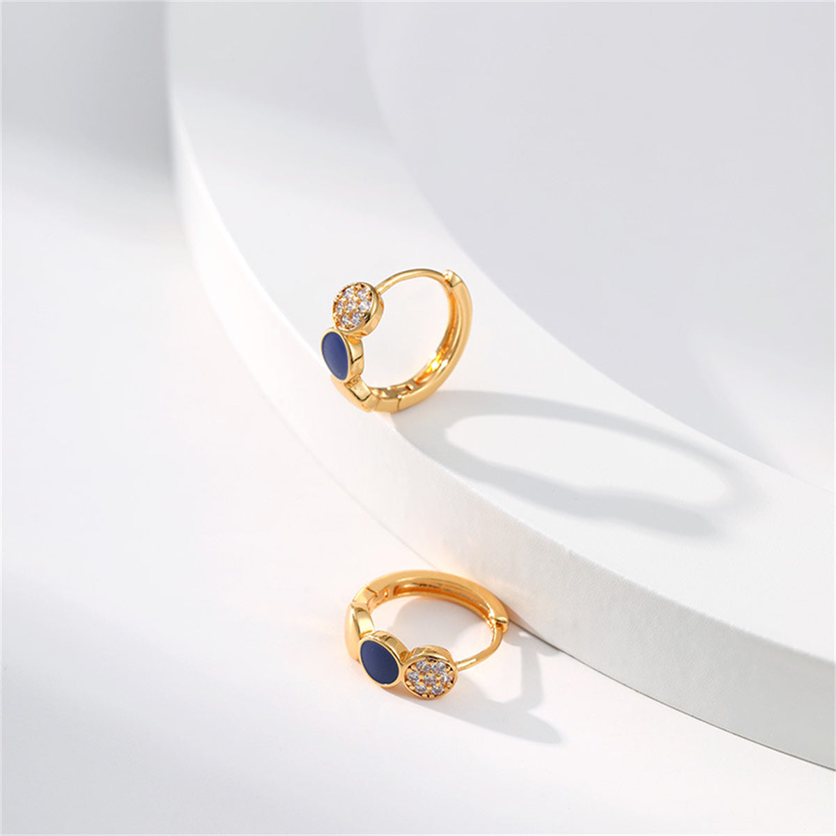 Cubic Zirconia & Navy Enamel 18K Gold-Plated Round Huggie Earrings