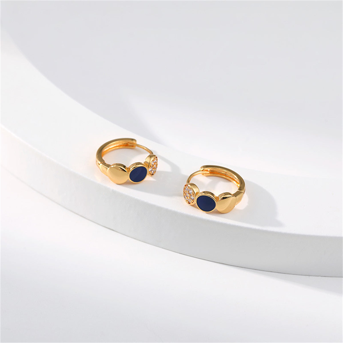 Cubic Zirconia & Navy Enamel 18K Gold-Plated Round Huggie Earrings