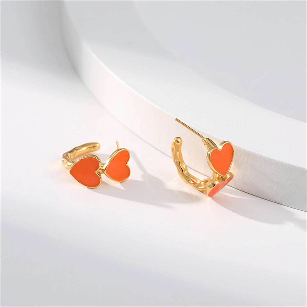 Orange Enamel & 18K Gold-Plated Heart Huggie Earrings