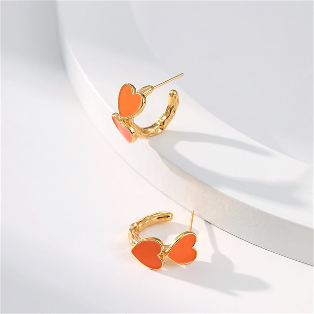 Orange Enamel & 18K Gold-Plated Heart Huggie Earrings