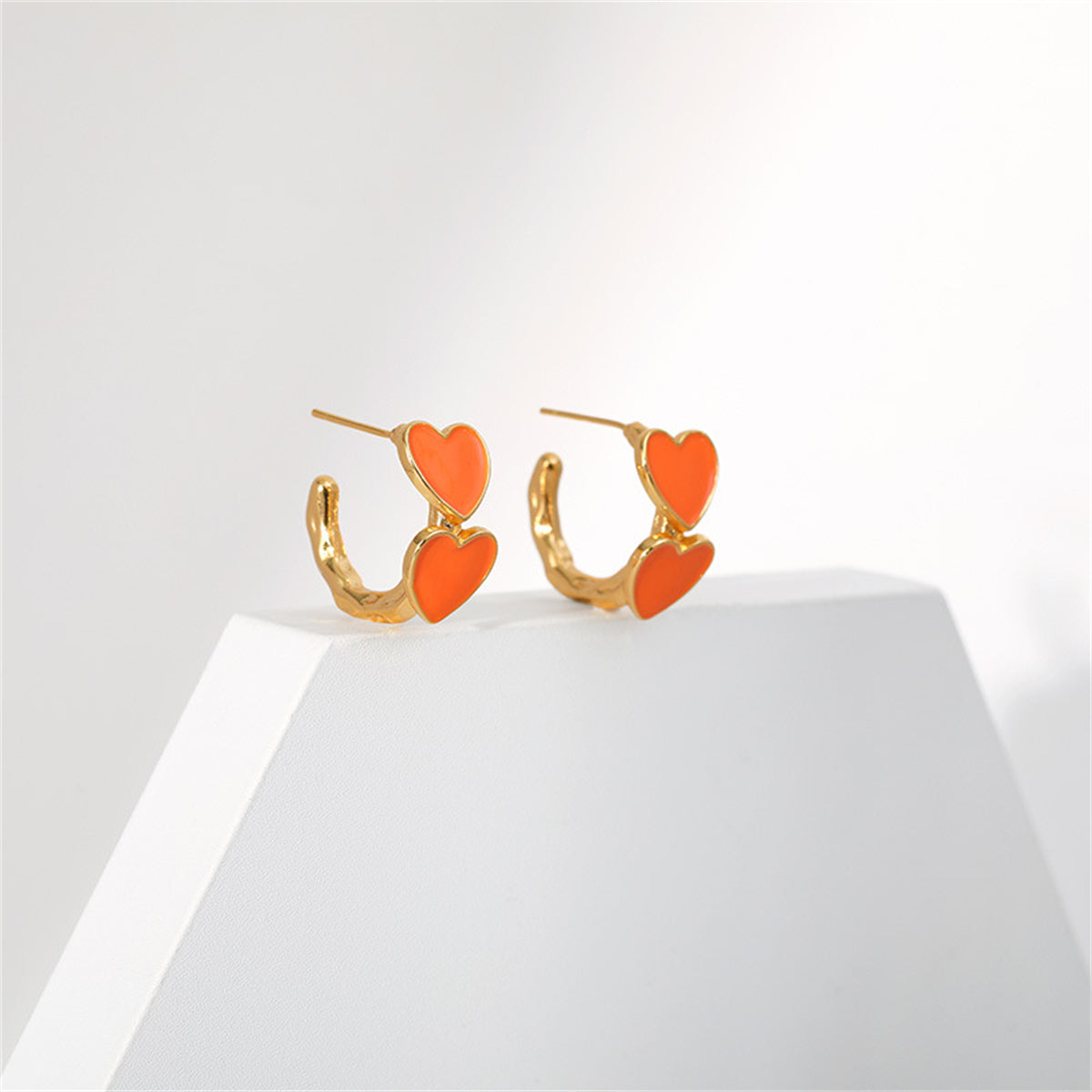 Orange Enamel & 18K Gold-Plated Heart Huggie Earrings