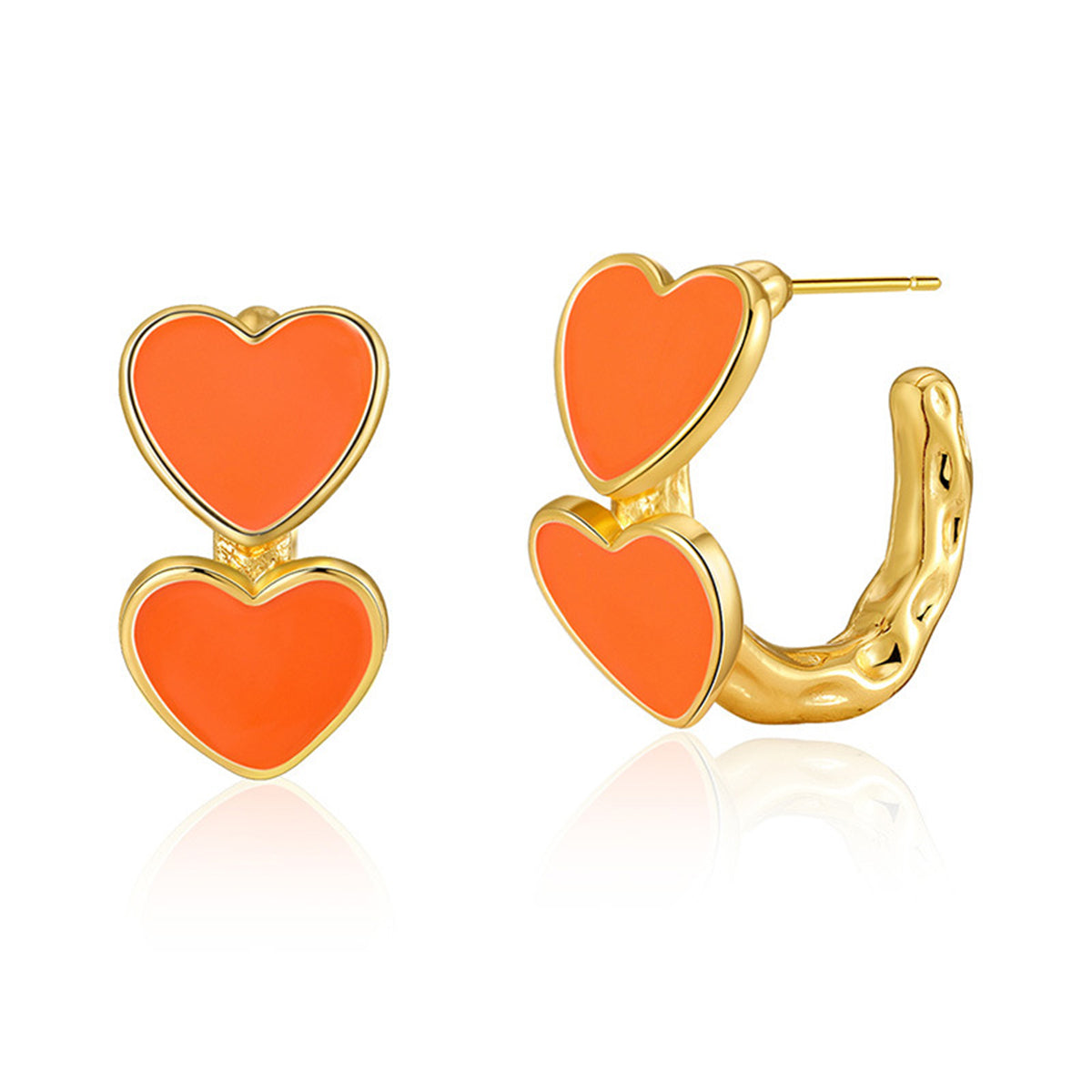 Orange Enamel & 18K Gold-Plated Heart Huggie Earrings