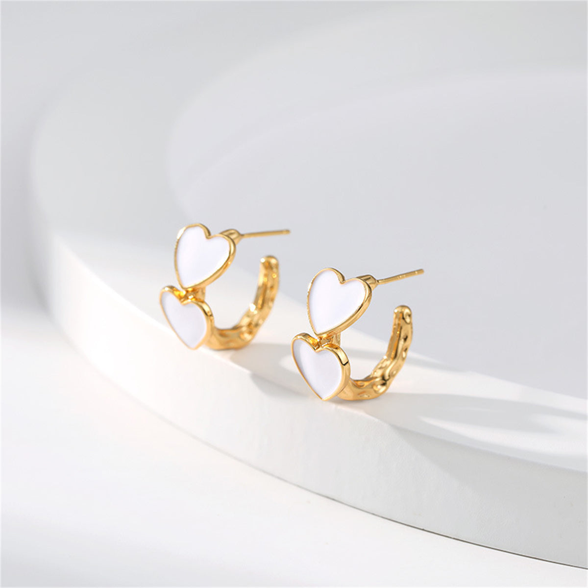 White Enamel & 18K Gold-Plated Heart Huggie Earrings