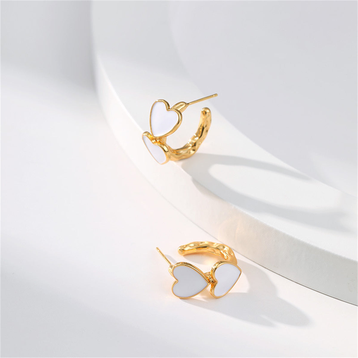 White Enamel & 18K Gold-Plated Heart Huggie Earrings