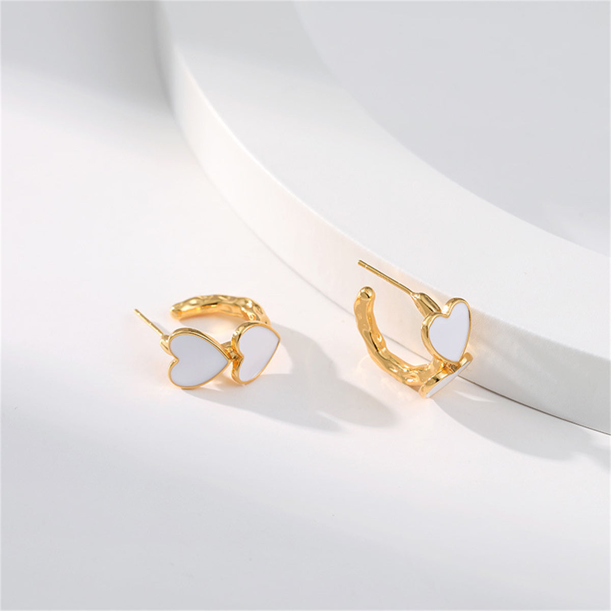 White Enamel & 18K Gold-Plated Heart Huggie Earrings