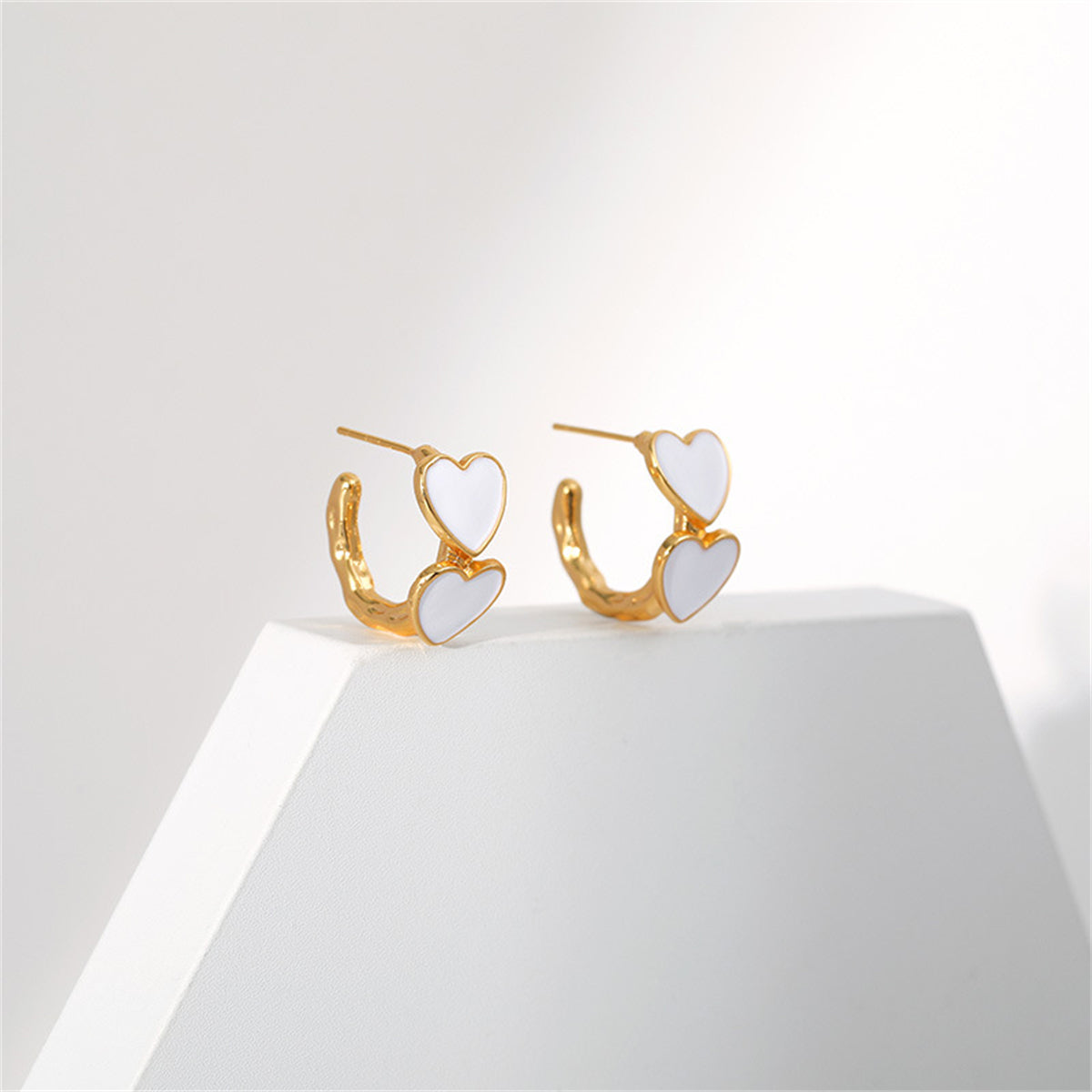 White Enamel & 18K Gold-Plated Heart Huggie Earrings