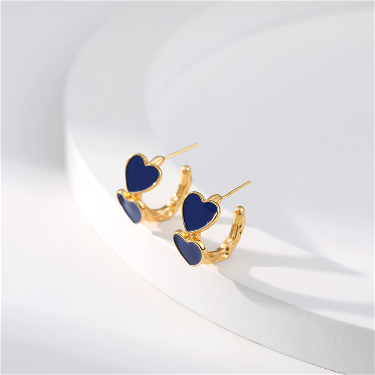 Navy Enamel & 18K Gold-Plated Heart Huggie Earrings