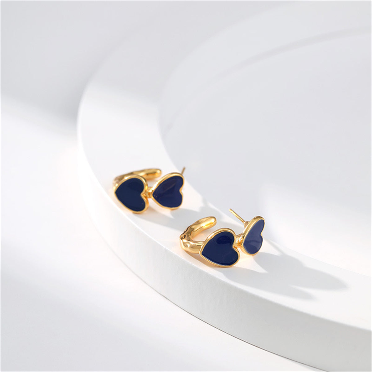 Navy Enamel & 18K Gold-Plated Heart Huggie Earrings