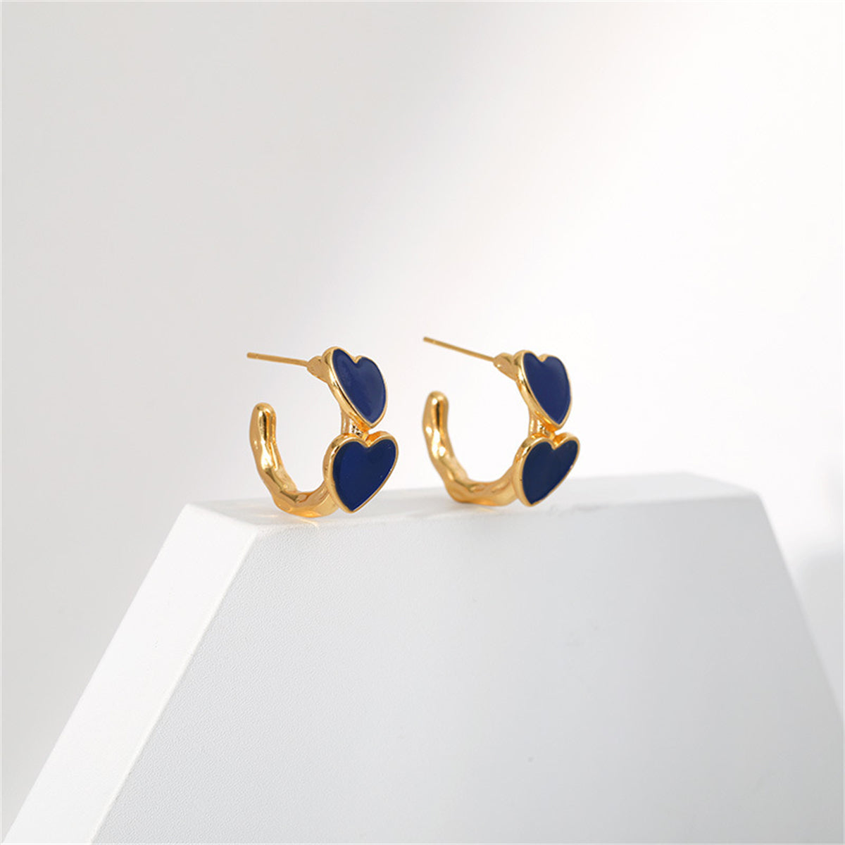 Navy Enamel & 18K Gold-Plated Heart Huggie Earrings