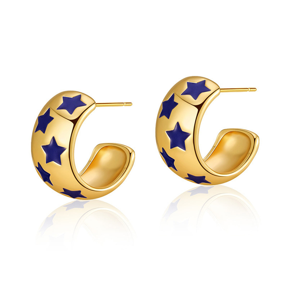 Navy Enamel & 18K Gold-Plated Stars Huggie Earrings