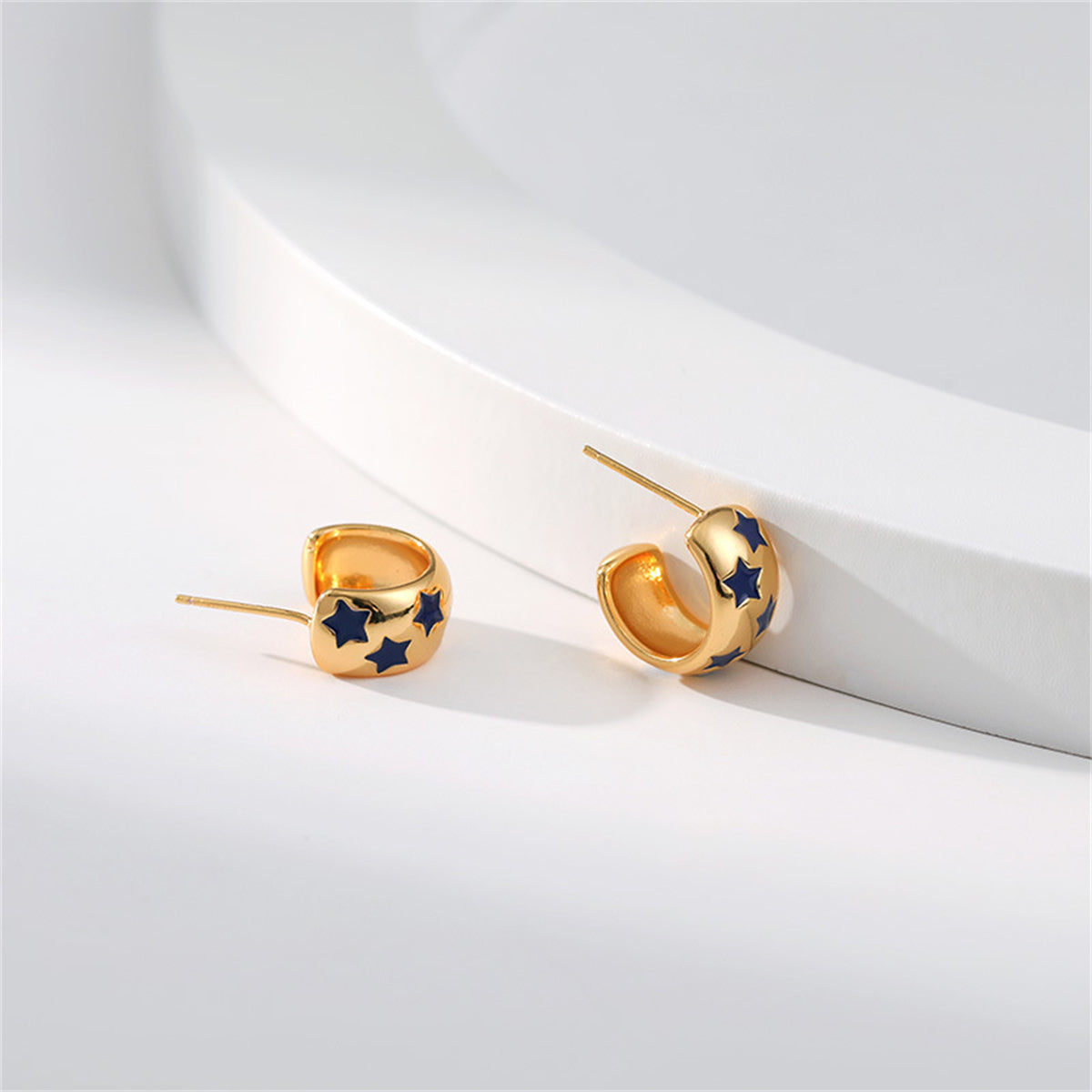 Navy Enamel & 18K Gold-Plated Stars Huggie Earrings