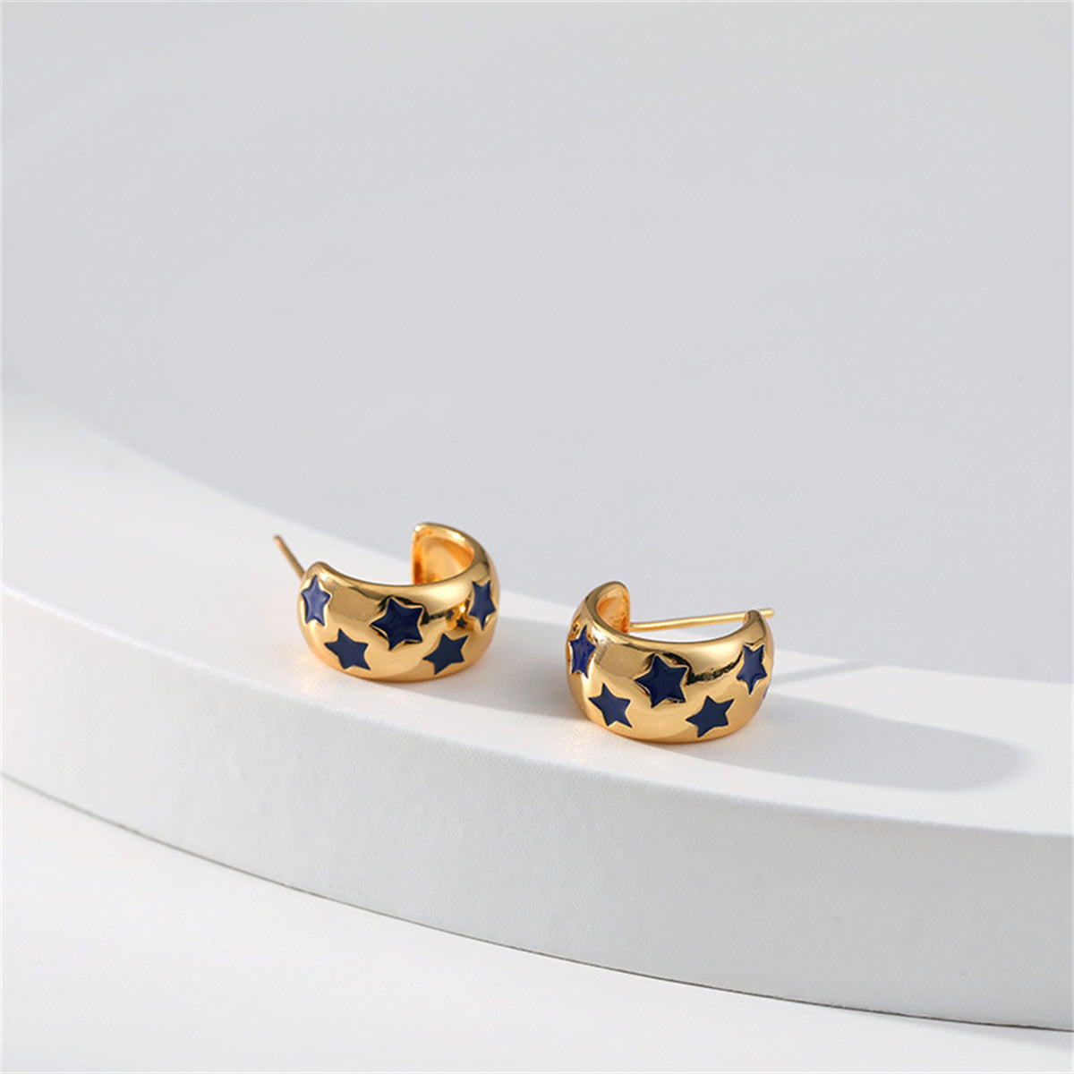 Navy Enamel & 18K Gold-Plated Stars Huggie Earrings