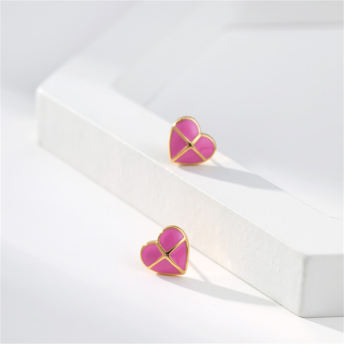 Pink Enamel & 18K Gold-Plated Cross Heart Stud Earrings