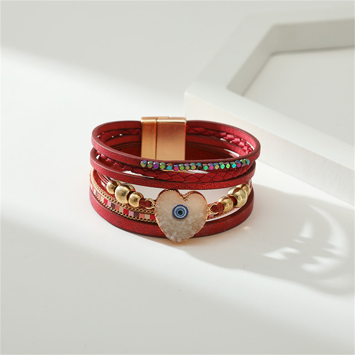 Red Polystyrene & Resin 18K Gold-Plated Heart Evil Eye Layered Bracelet