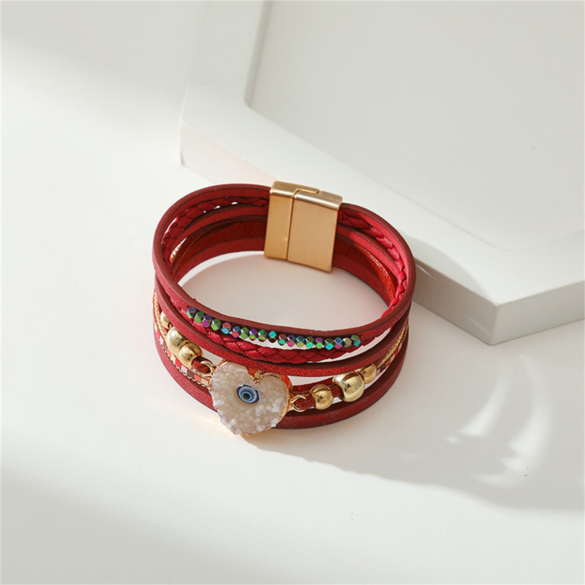 Red Polystyrene & Resin 18K Gold-Plated Heart Evil Eye Layered Bracelet