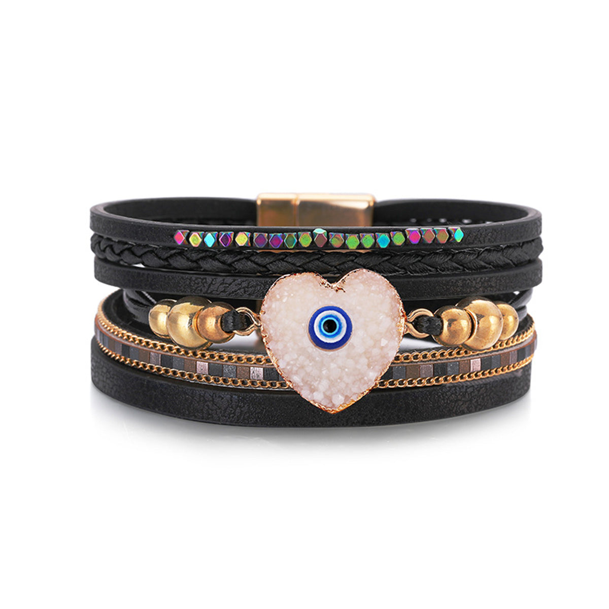 Black White & 18K Gold-Plated Evil Eye Hear Layered Bracelet