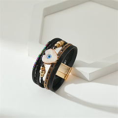 Black White & 18K Gold-Plated Evil Eye Hear Layered Bracelet