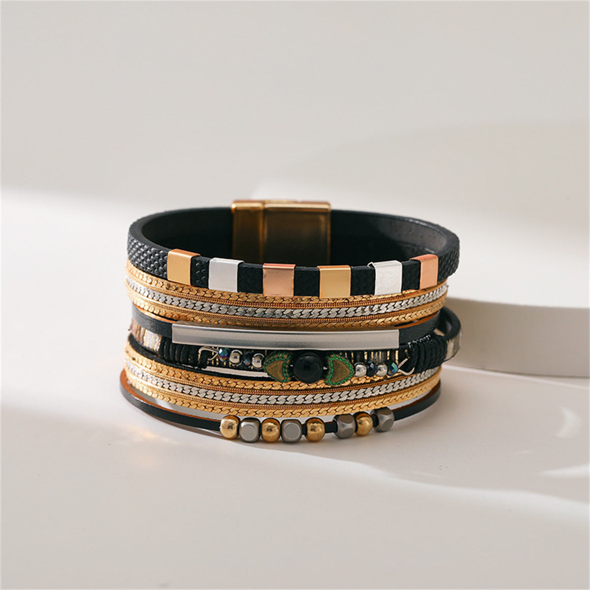 Black & 18K Gold-Plated Layered Beaded Bracelet