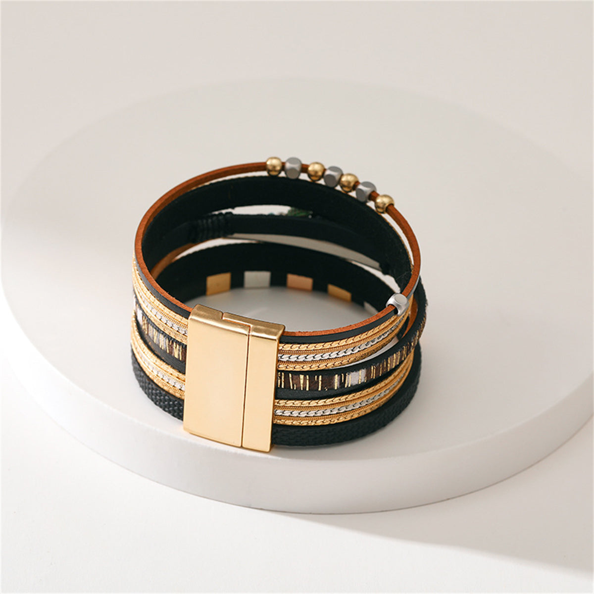 Black & 18K Gold-Plated Layered Beaded Bracelet