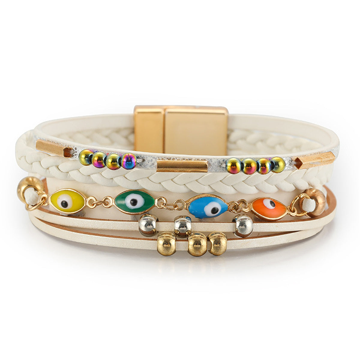 Cream Polystyrene & Enamel 18K Gold-Plated Evil Eye Multistrand Bracelet