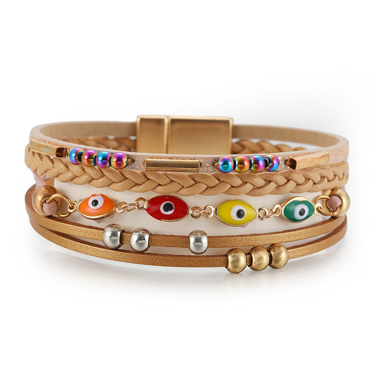 Light Brown Polystyrene & Enamel 18K Gold-Plated Evil Eye Multistrand Bracelet