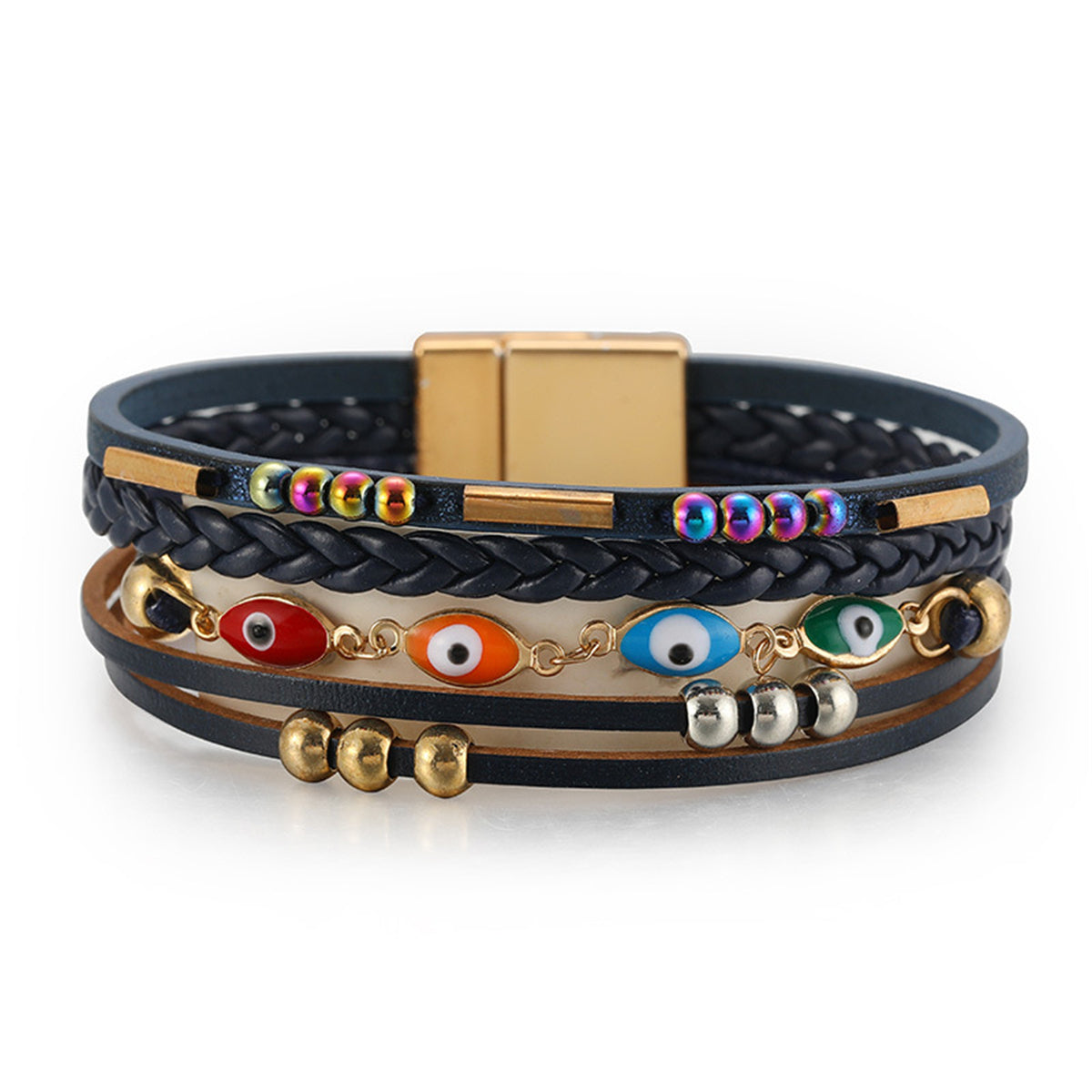 Navy Polystyrene & Multicolor Enamel 18K Gold-Plated Eye Stacked Bracelet