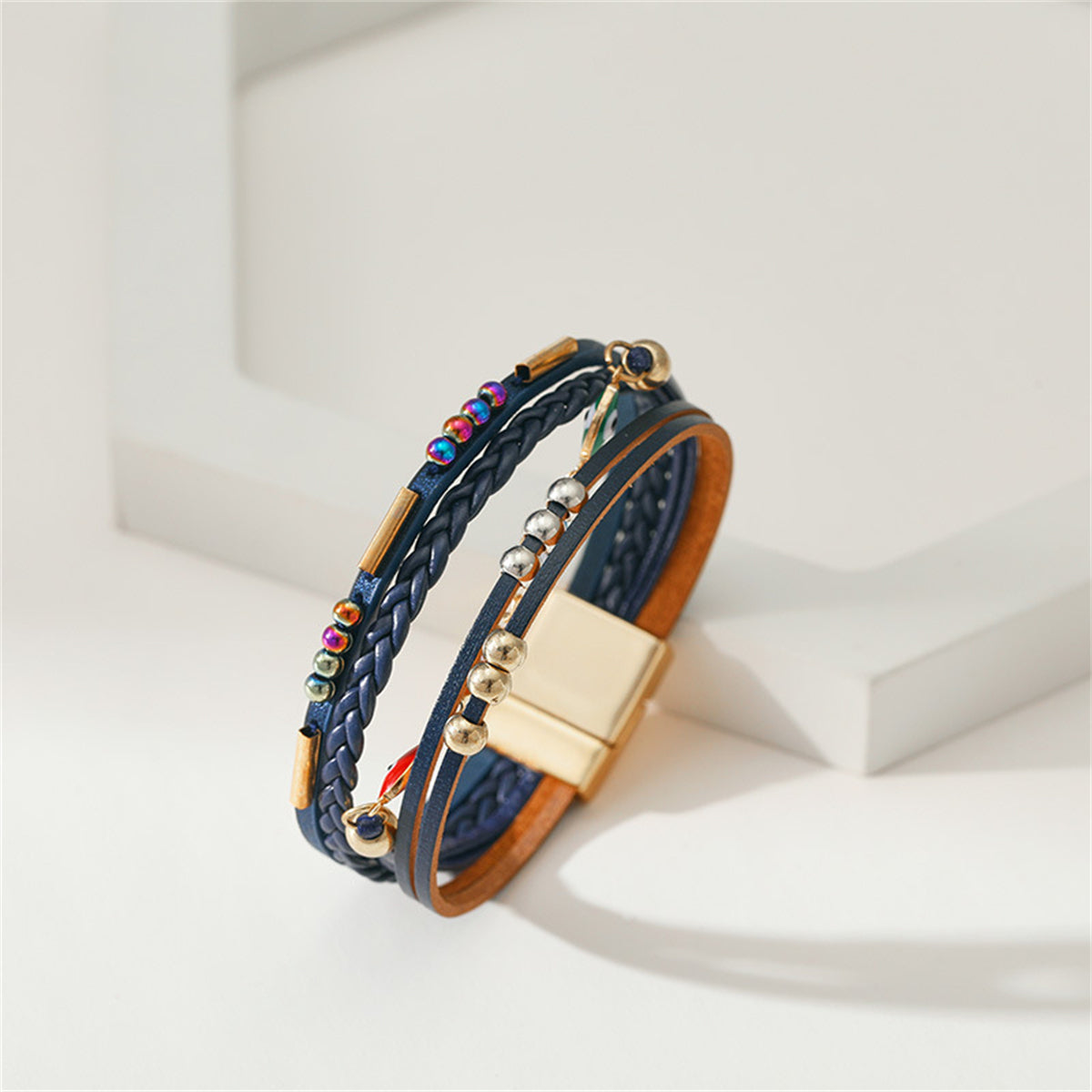 Navy Polystyrene & Multicolor Enamel 18K Gold-Plated Eye Stacked Bracelet