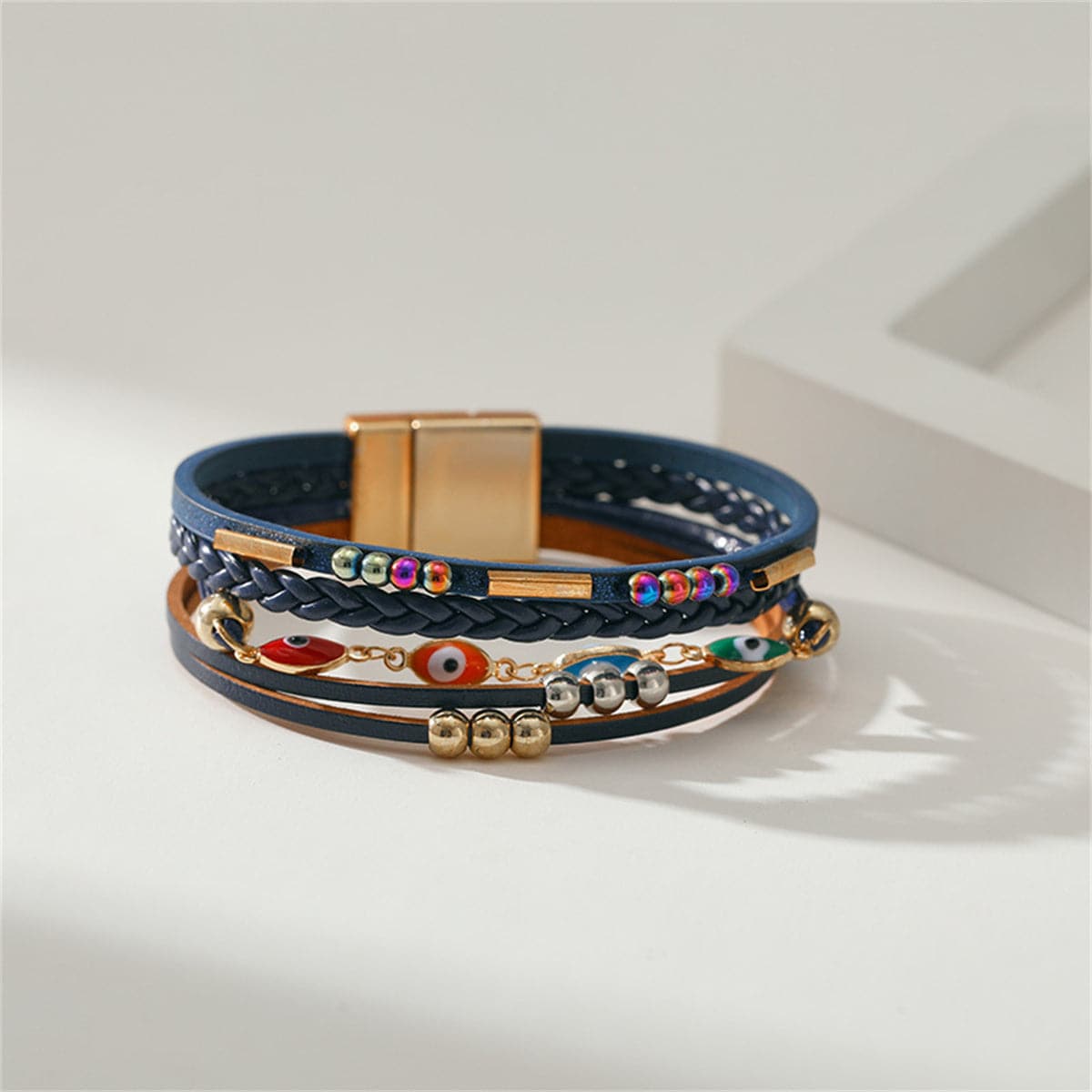 Navy Polystyrene & Multicolor Enamel 18K Gold-Plated Eye Stacked Bracelet